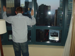 Dustin in his hotel room overlooking Times Square