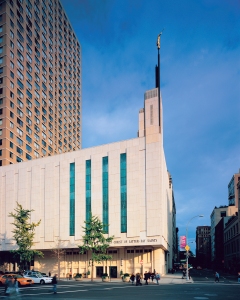 The Manhattan  New York Temple at  125 Columbus Avenue.  The temple sits at the northeast corner of Broadway, Columbus Avenue, and 65th Street, across from Lincoln Center.